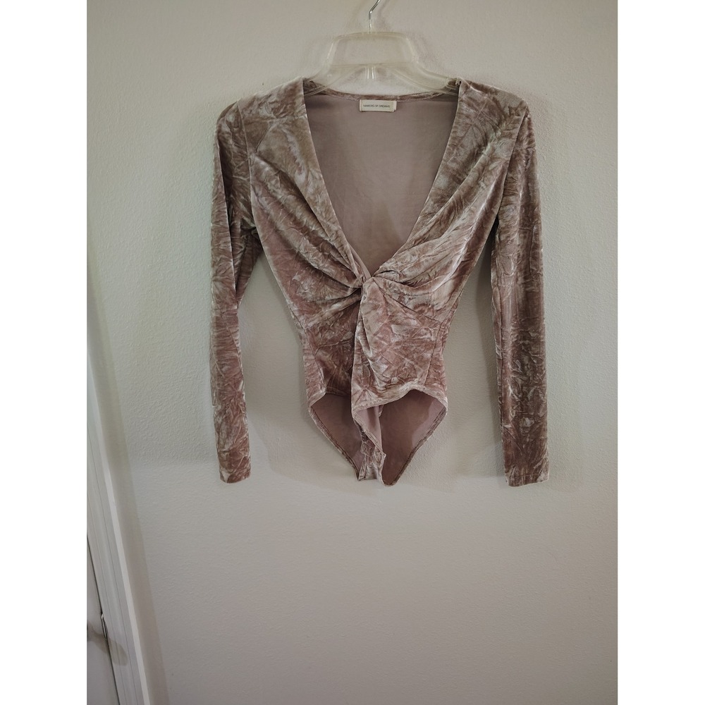 Makers of Dreams Mauve Taupe Crushed Velvet Long Sleeve Knot Front‎ Bodysuit XS